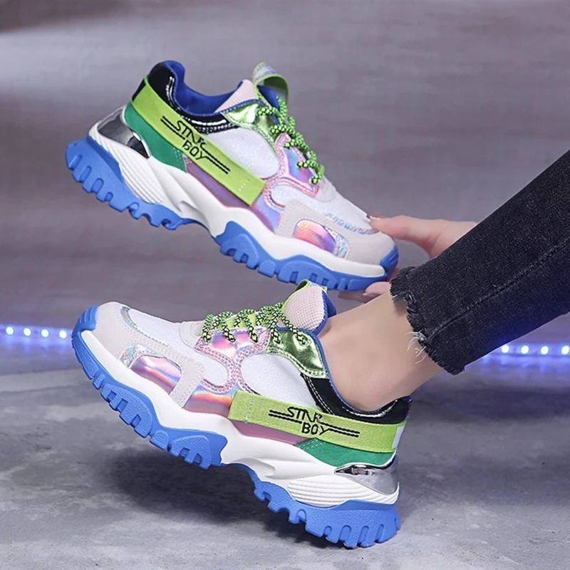 

2021 Colorful Platform Shoes Women Fashion Shoes Chunky Sneakers Ladies Lace Up Mesh Casual Sneakers Female Walk Dad Shoes