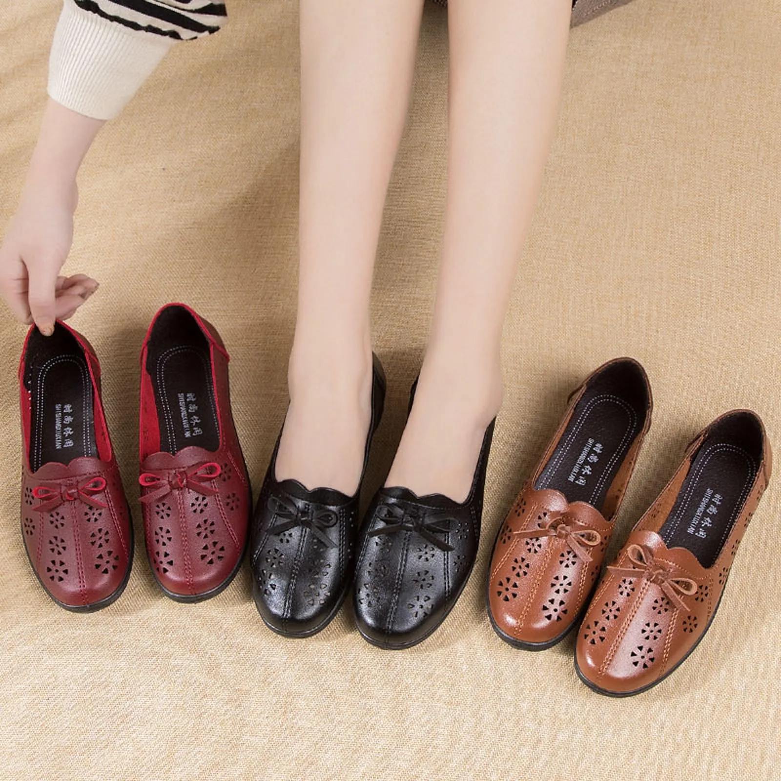 

Туфли женские на плоской подошве, дышащие однотонные, без застежки, с бантом, с круглым носком, повседневная кожаная обувь, модные