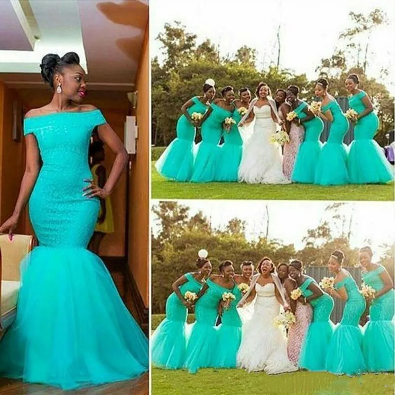 

Hot South Africa Style Nigerian Bridesmaid Dress Plus Size Mermaid Maid Of Honor Gowns For Wedding Off Shoulder Turquoise Tulle