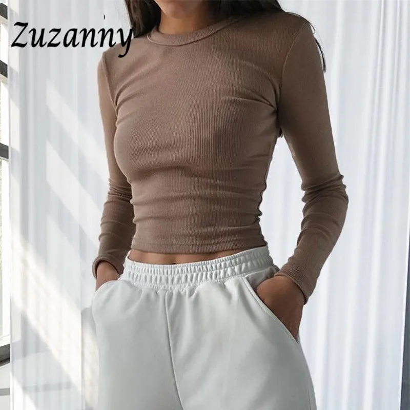 

Женская трикотажная футболка Zuzanny, коричневая Однотонная футболка в рубчик с круглым вырезом и длинным рукавом, повседневный Базовый Топ бе...