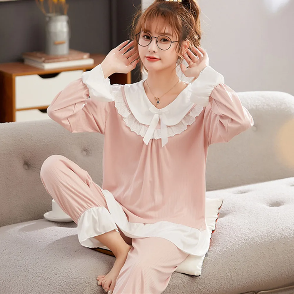 Fdfklak New Womens Long Sleeve Trousers Pyjamas Cotton 2Pcs Pajamas Sets Home Suit Pjs Mujer Female Princess Style Thin