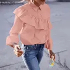 2021 модная женская блузка с оборками и цветочным принтом, футболки с длинными рукавами и отворотами ZANZEA Твердые пуговицы Топы открытая Повседневная сорочка Blusa Femininas размера плюс