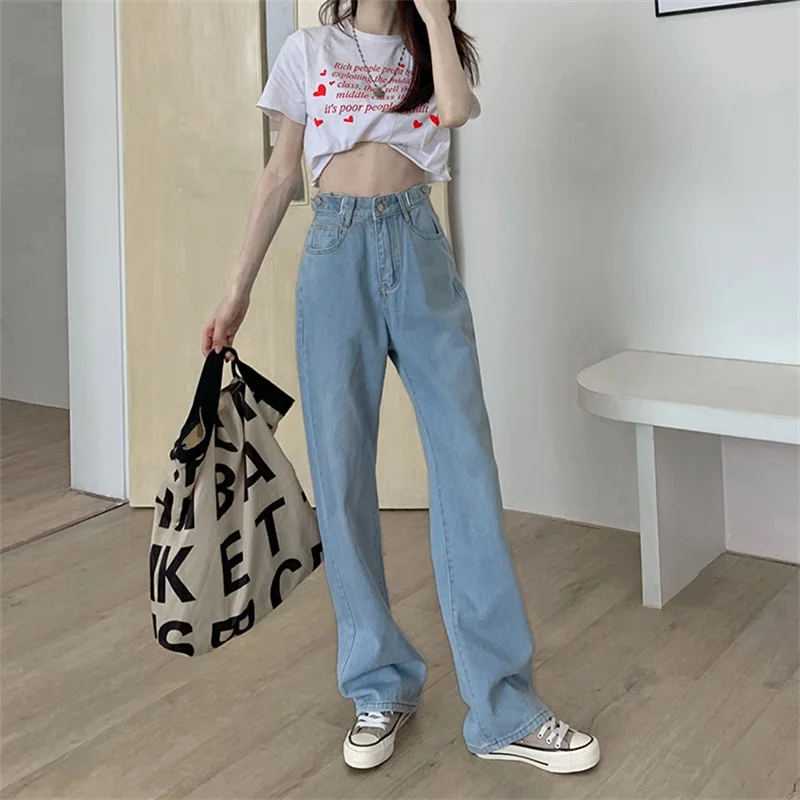 

Korean Fashion New Trousers High Waist Buttons Design Solid Color Jeans Loose Casual Denim Straight Wide Leg Pants For Female