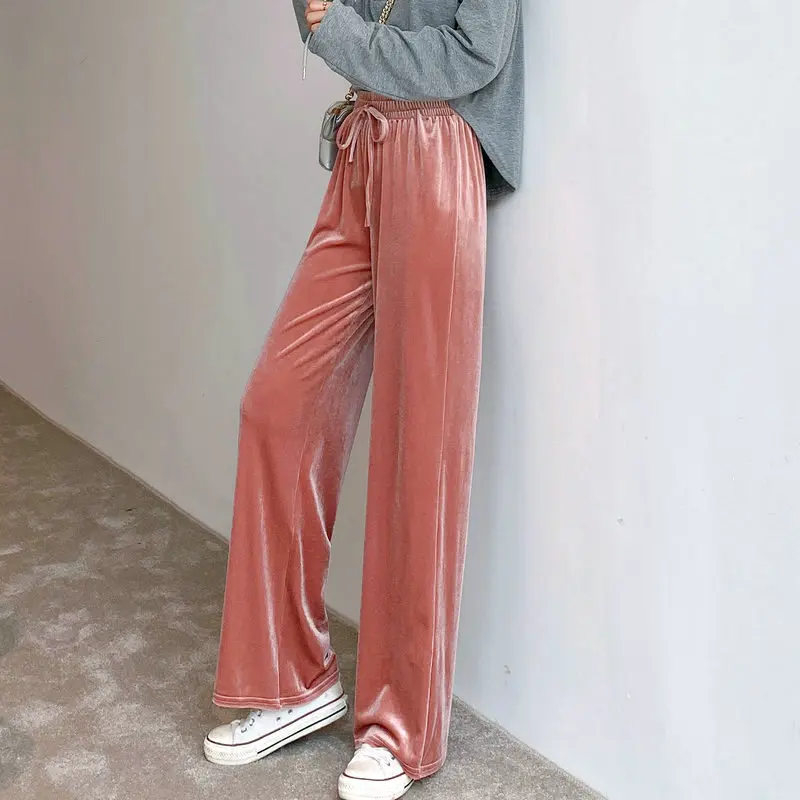 

Fashion Velour Wide Leg Pants For Women Autumn Winter Casual High Waist Solid Long Loose Straight Trousers Femme Korean