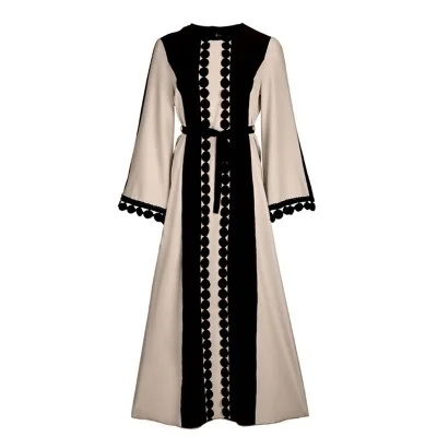 

New Muslim Robe Islamic Clothing for Women Middle East Duibai Arab Ramadan Prayer Lace Polka Stiching Elegant Abaya Belt Dress