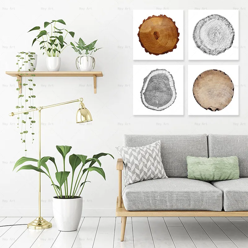 Картина на холсте ежегодные кольца 4 шт. скандинавские серые золотые растения