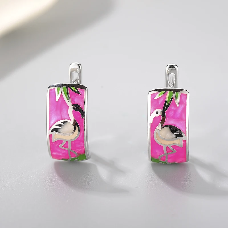 2021 new DIY gift 925 Sterling Silver Red-crowned crane green leaf pink Enamel fashion Ear clip Party Jewelry | Украшения и