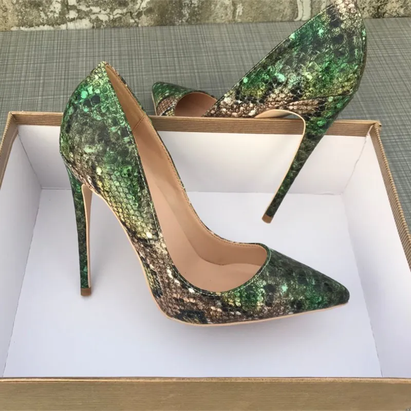 

Sexy ultra-fine heelgirls sexy high heels printed multi colors stilettos 12cm wedding shoes Green snake pattern woman shoes