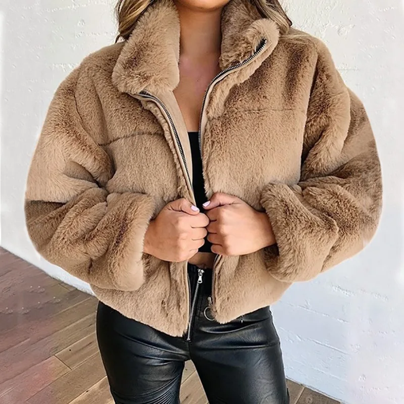 2021 Plus Woman 'S Faux Fur Cardigan Coat Bolero Streetwear Girl Winter Clothing Zip Up Brown Warm Short  Fluffy Cropped Jacket