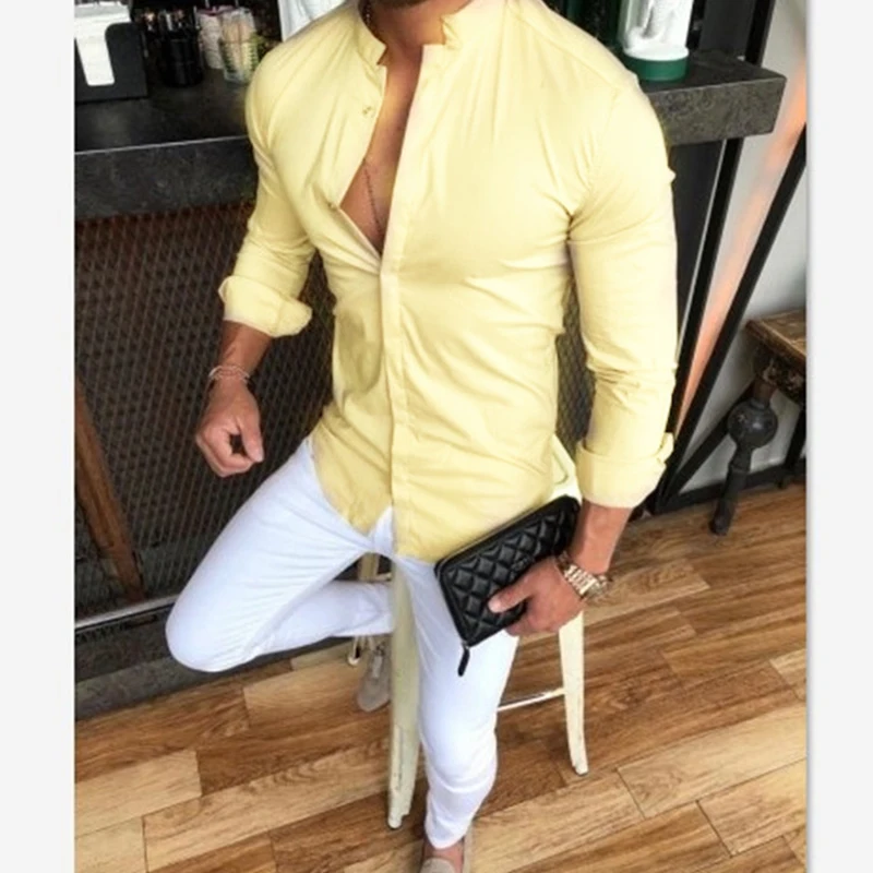 

Hot Stand Collar Men's Solid Color Slim Long Sleeve Blouse Tops