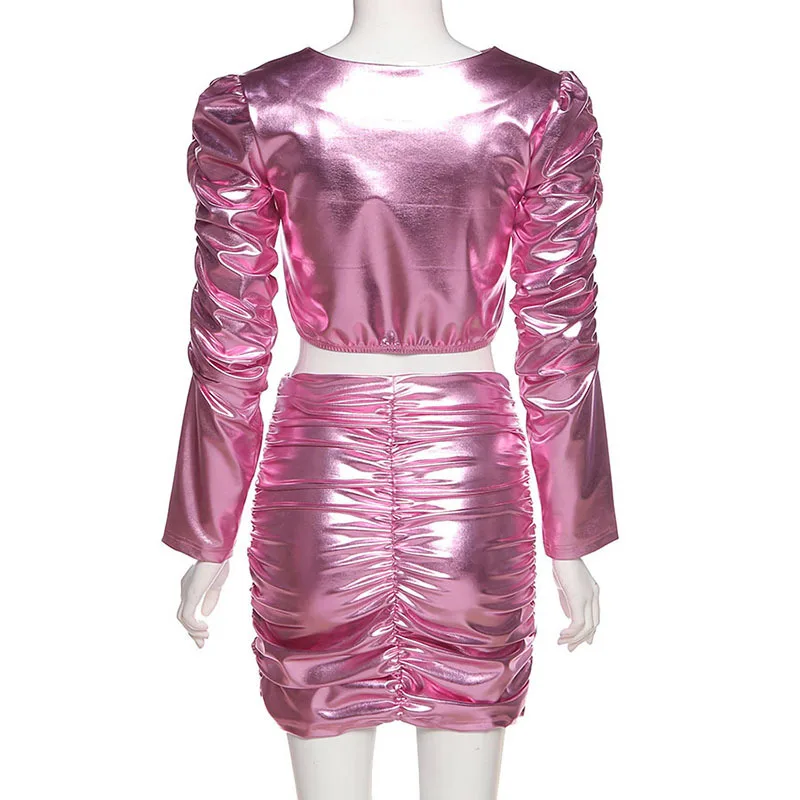 

Shiny Pleated Two Piece Set Women Autumn O-Neck Crop Top+Mini Skirt Matching Outfit Fluorescent Club Streetwear Female
