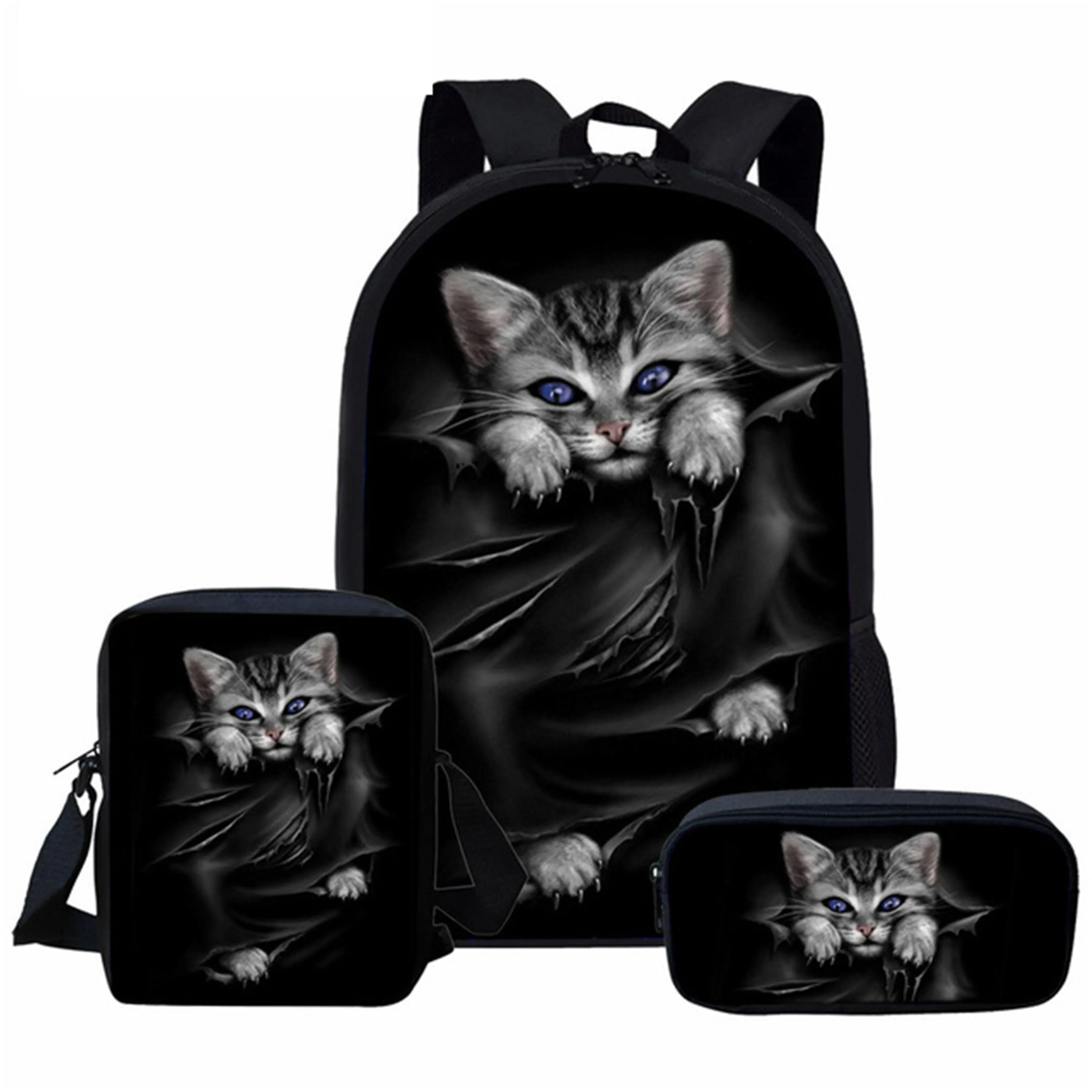 Хаоюань 3 шт./компл. детская школьная сумка черные кошки; Одежда с принтом «сумка Kawaii джинсы дизайн кот рюкзак/мешок с закрылками/ручка сумки