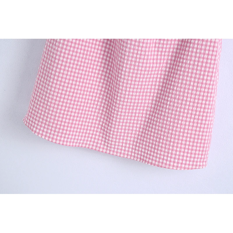 

FELIN Za 2021 Women Pink Dress Short Puff Sleeve Plaid Print Vintage Fashion Summer Bodycon Dresses Sweet Mujer Vestidos