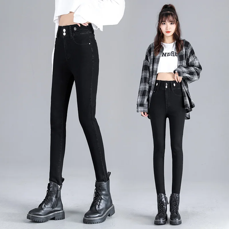 

Женские джинсы-стрейч, узкие брюки-карандаш, черные повседневные джинсы, женские джинсы с двойной пуговицей, узкие сексуальные джинсы с выс...