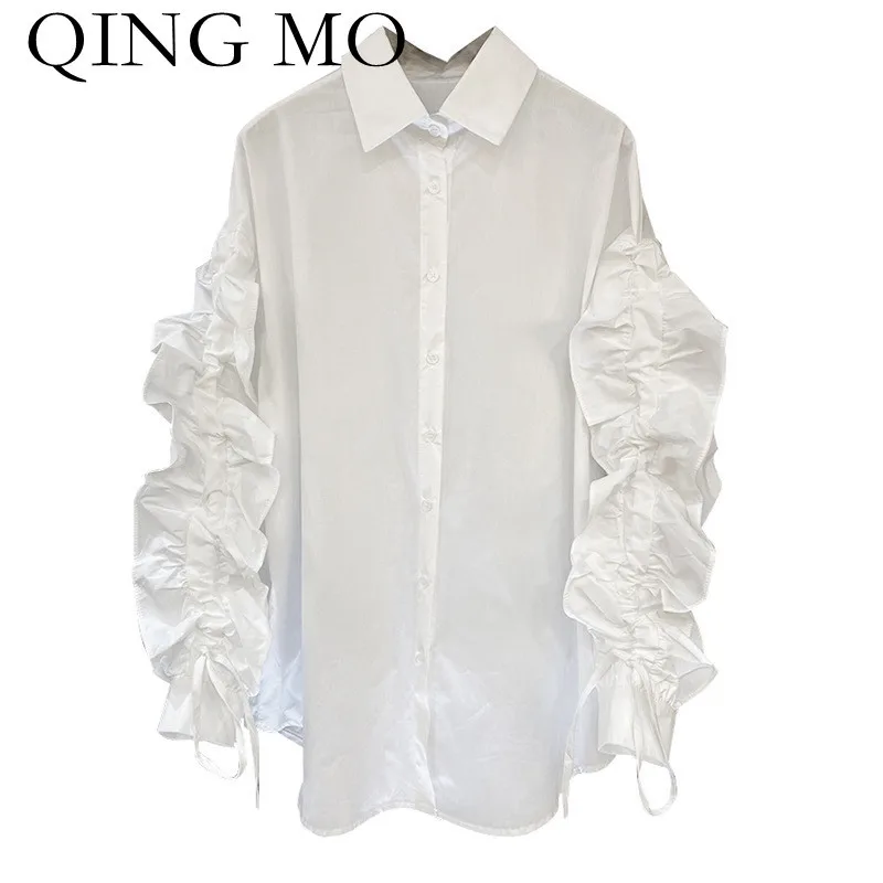 

Женская Свободная блузка QING MO, повседневная однотонная блузка с длинным рукавом и кулиской, черного и белого цвета, весна 2022