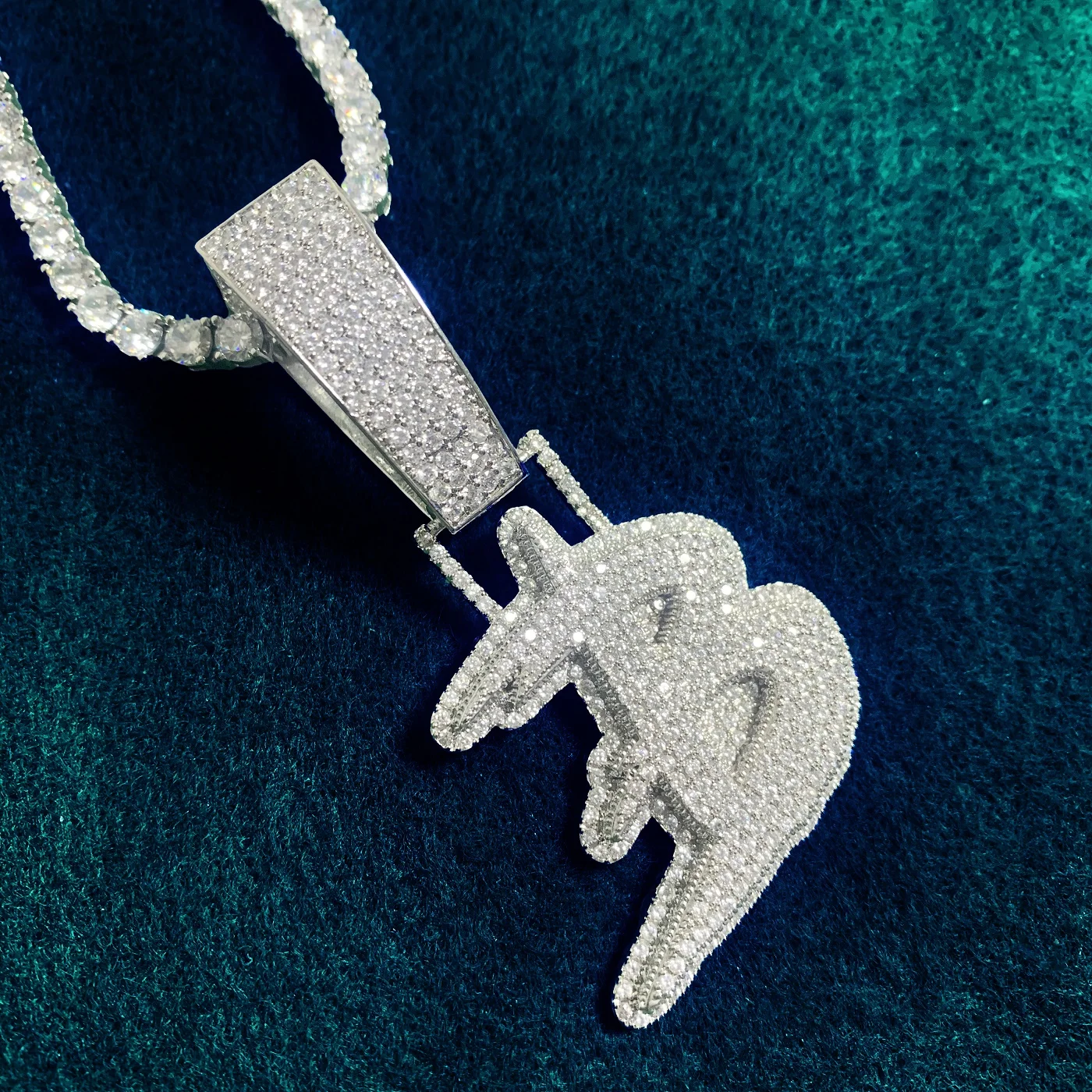 Single Brush Script Cursive Letter Pendant Men HipHop Necklace Full Cubic Zirconia Chain Rock Jewelry A-Z |