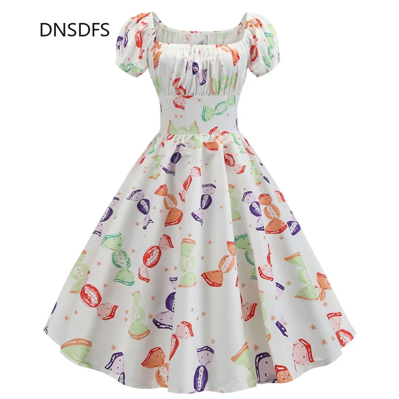 Summer 50S 60S Hepburn Celebrity Midi Dress Vintage Square Neck Floral Print Women White Blue Big Swing Slim Party Dresses | Женская