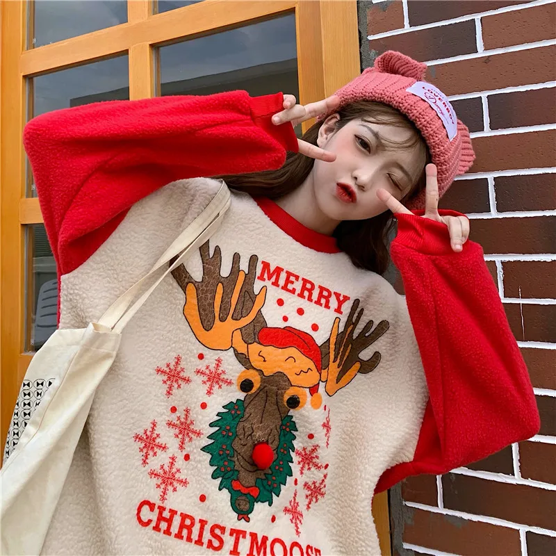 

Ulzzang Christmas Lamb Wool Sweatshirt Female Autumn and Winter Ins-Music of the Tide Loose Korean Style Lazy Style Velvet