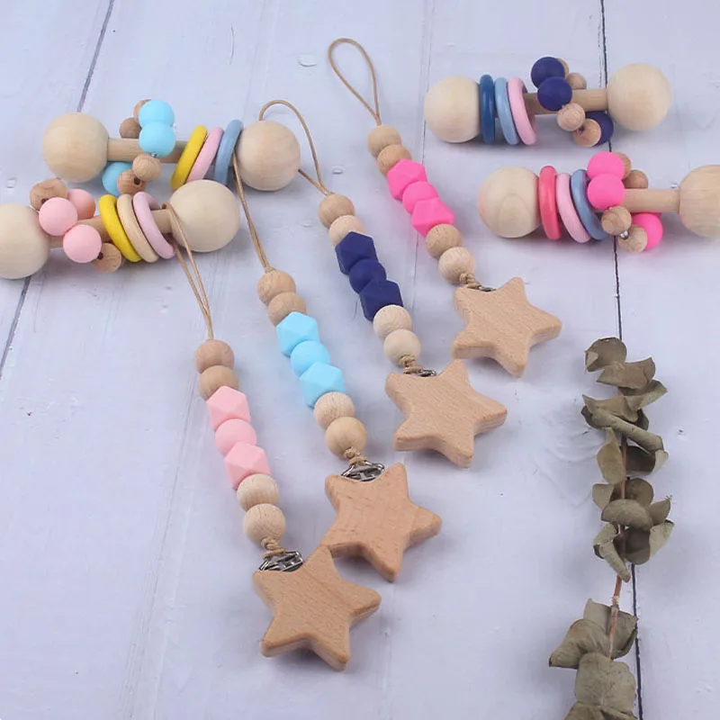 Juguetes de madera para beb&eacute;s, sonajero de haya, pulsera de estrella, campana, chupete, Clip, sonajero para beb&eacute;, cadena de chupete sonajeros y juguetes educativos-1