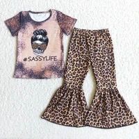 fashion children short sleeve outfit cute cartoon print top and leopard beller pants 2pieces set for toddler girls