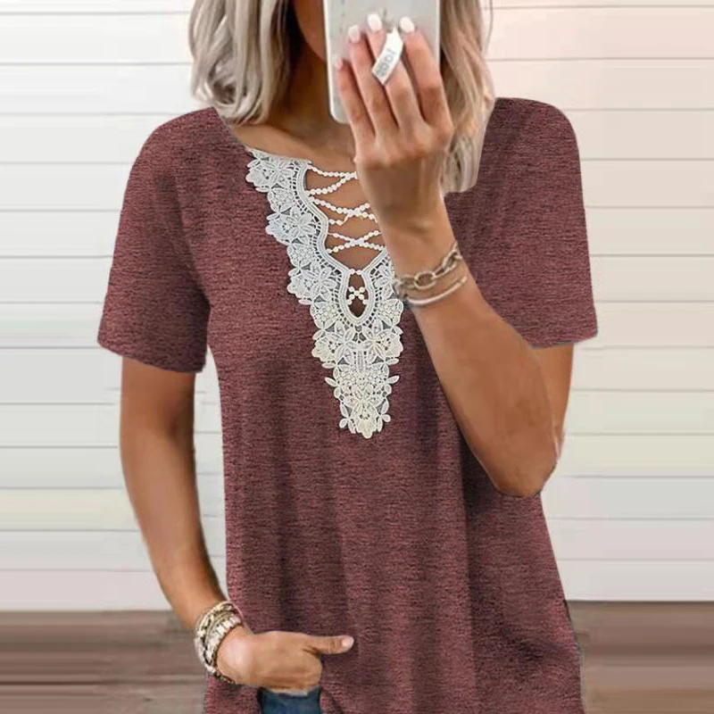 

2021 Summer Hollow Out Cross V Neck Tops Vintage Harajuku Patchwork Lace Blouses Casual Short Sleeve Loose Pullover Shirt Blusas