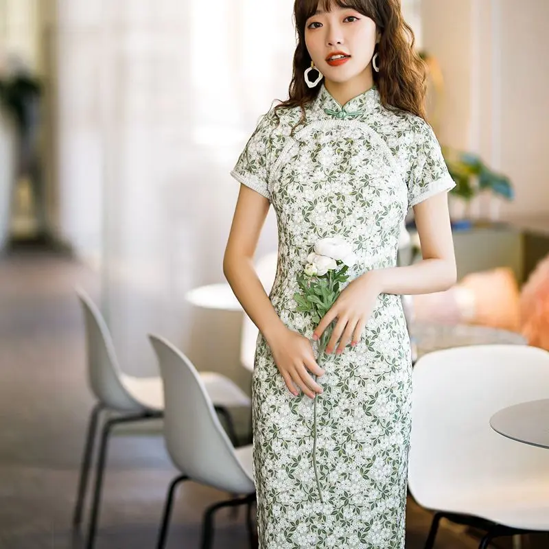 

Sexy Print Flower Cheongsam Elegant Tight Short Chinese Traditional Dress Gown Slim Party Prom Qipao Vintage Autumu Vestidos