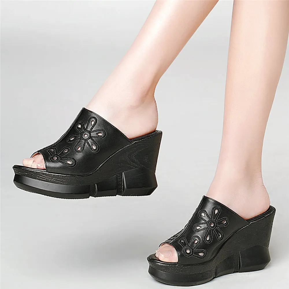 

Women Genuine Leather Wedges High Heel Roman Gladiator Sandals Female Summer Open Toe Platform Pumps Shoes Flowers Casual Shoes