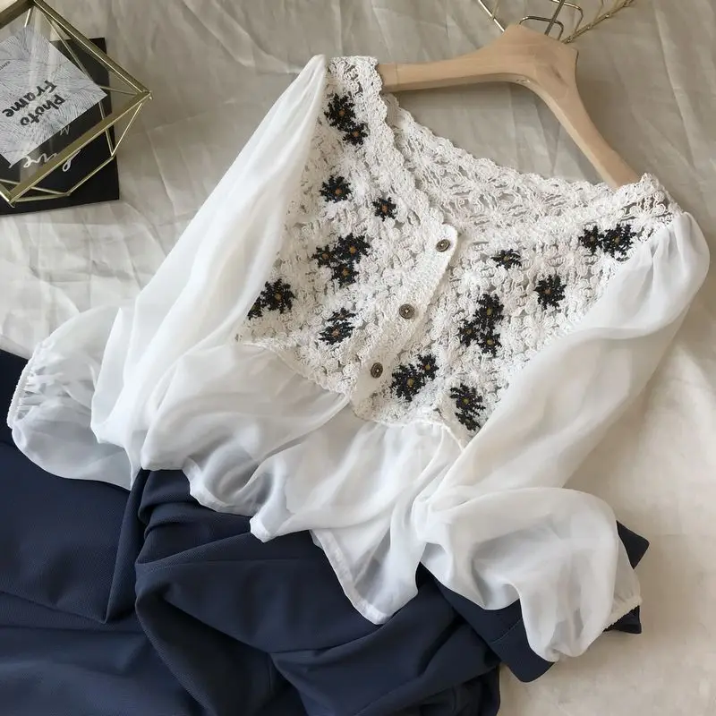 

Spring 2021 New Retro Lace Embroidery Hollow Out Shirt Women's Elegant Chic All-match Long-Sleeved Chiffon Blouse Ladies Tops