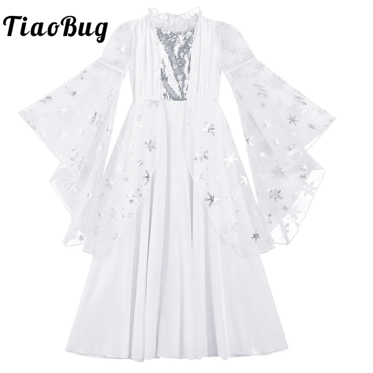 Купи Kids Girls Angel Long Dress Shiny Sequins Snowflake Fancy Cosplay Princess Christmas White Long Tail Mesh Sleeve Fairy Dresses за 719 рублей в магазине AliExpress