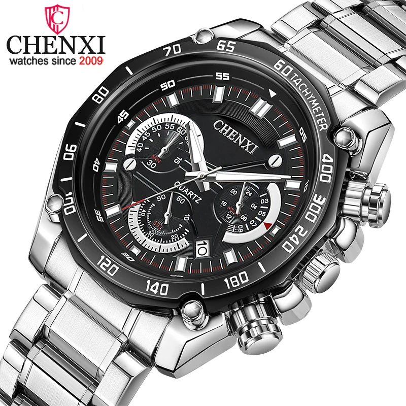 

CHENXI Mens Watches Top Luxury Brand Stainless Steel Sport Quartz Watch Men Chronograph Waterproof Calendar Date Wristwatch