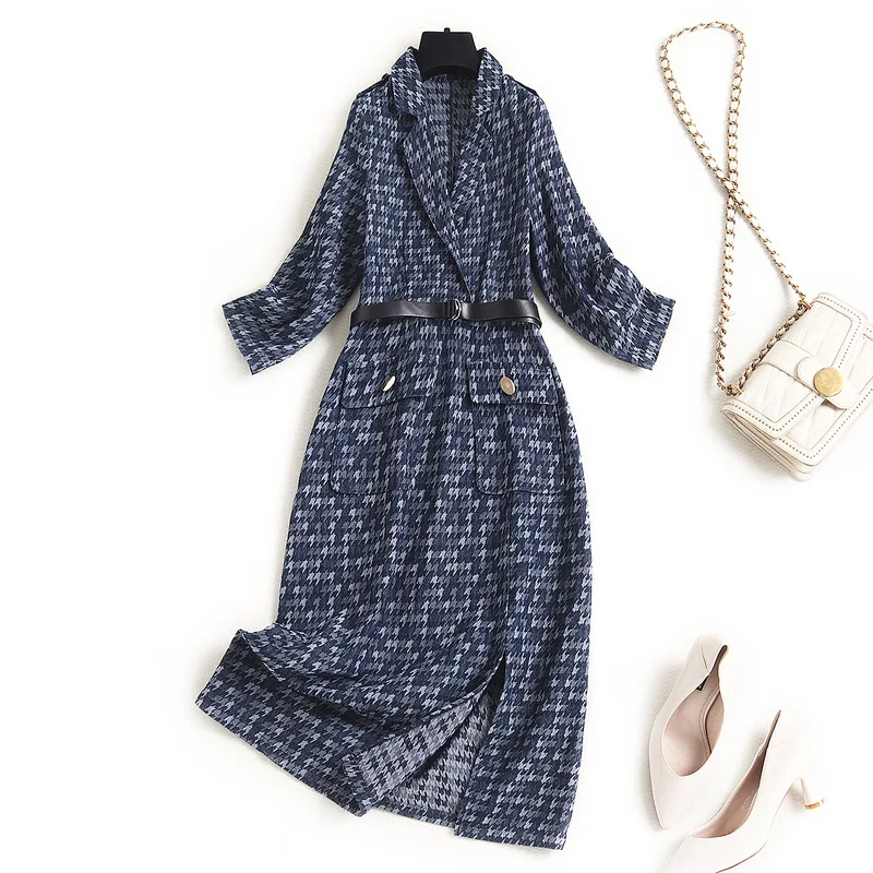 

2021 Spring New Korean Women High End Suit V Collar 3/4 Sleeves Lacing Belt Thousand Bird Lattice Printed Denim Dress