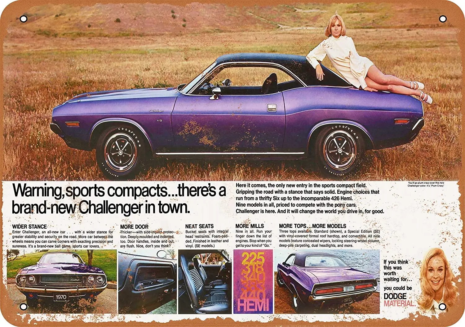 

8*12 металлический знак 1970 Dodge Plum Crazy Challenger винтажный вид