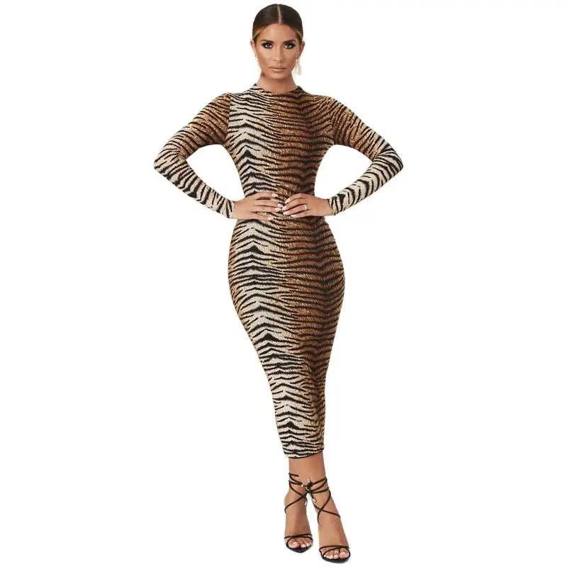 Женское длинное облегающее Платье макси с длинным рукавом и леопардовым принтом