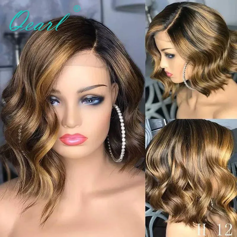

Short Bob Human Hair Lace Front Wig Ombre Honey Blonde Highlights Frontal Wig 13x4/13x6 Brazilian Wavy Remy Hair Wigs 150% Qearl