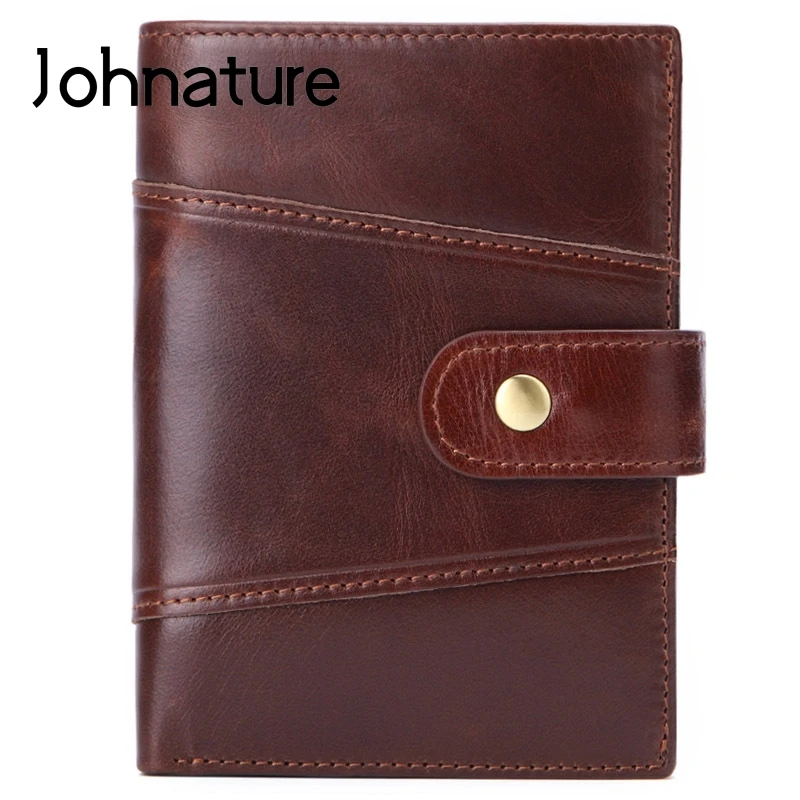 

Johnature 2022 New Men Short Wallet Genuine Leather Multi Card Purse Casual Hasp Solid Color Cowhide Mens Wallets Card Holder