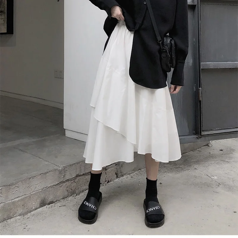 

ZAWAHIKI Mujer Faldas Irregular Solid Ruffles Spring Summer Japan Style Retro Women Skirts 2021 High Waist Long Skirt Fashion