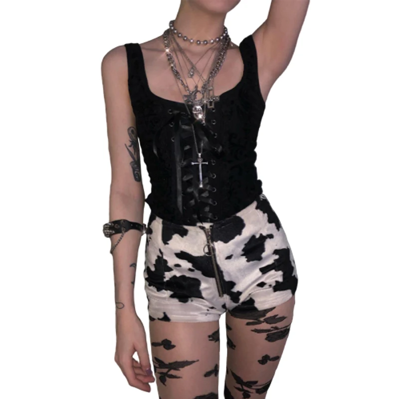 

Женский кружевной топ в стиле пэчворк, черный короткий топ без рукавов с перекрестной завязкой, женская Европейская футболка в стиле панк д...