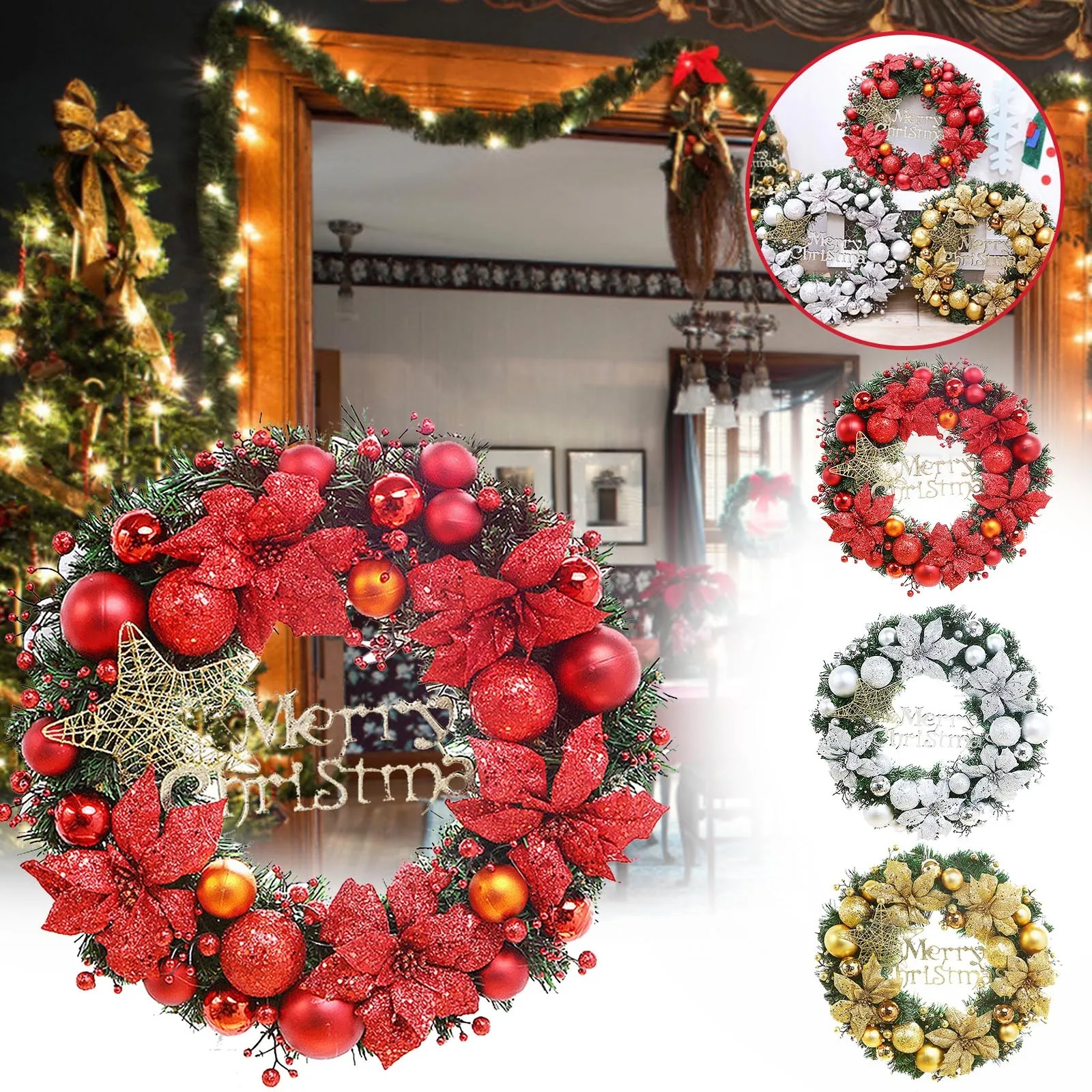 

30 см Рождественский венок с бантом, Рождественское украшение для двери, подвесной ротанговый орнамент, гирлянда, рождественские украшения ...