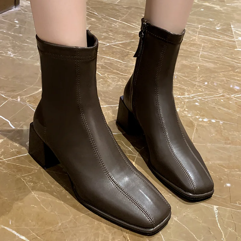 

Женские ботильоны челси с квадратным носком, Модные осенние повседневные ботинки на среднем квадратном каблуке, с боковой молнией, новинка ...