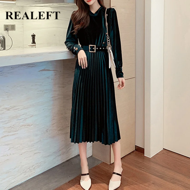 REALEFT Осень зима зеленое бархатное теплое Плиссированное длинное платье с поясом