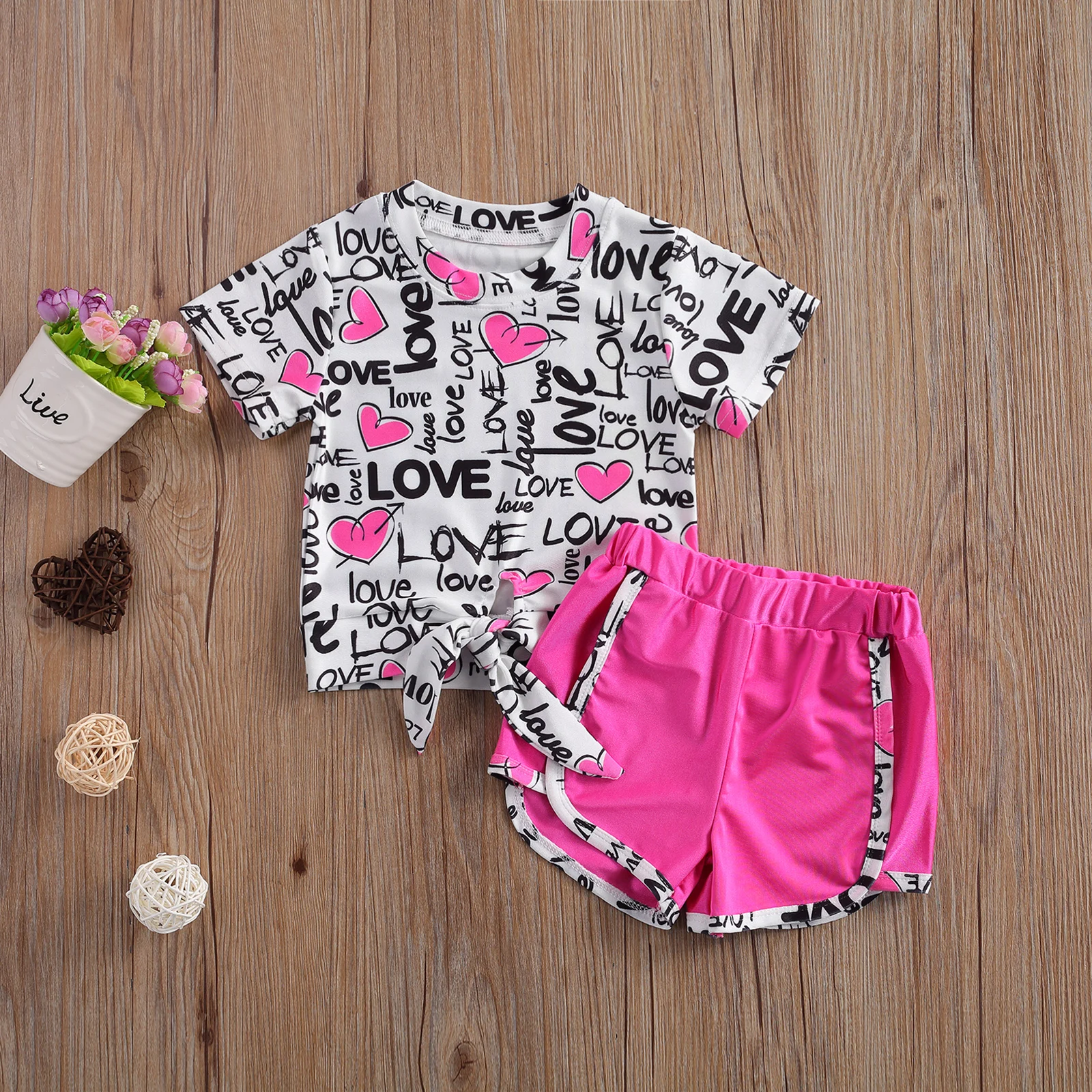 

18M-7T Children Baby Summer Clothing Infant Kids Girls 2Pcs Valentine Outfit Set Short Sleeve Heart Print Tops+Shorts Set New