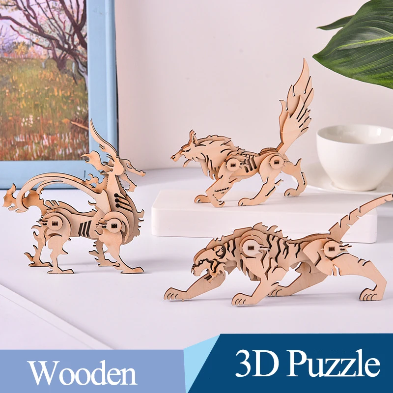 

Children Wooden DIY 3D Puzzle Assembly Animal Deer Tiger Kirin Handmade Building Model Kit Kids Educational Assemble Toys Gift