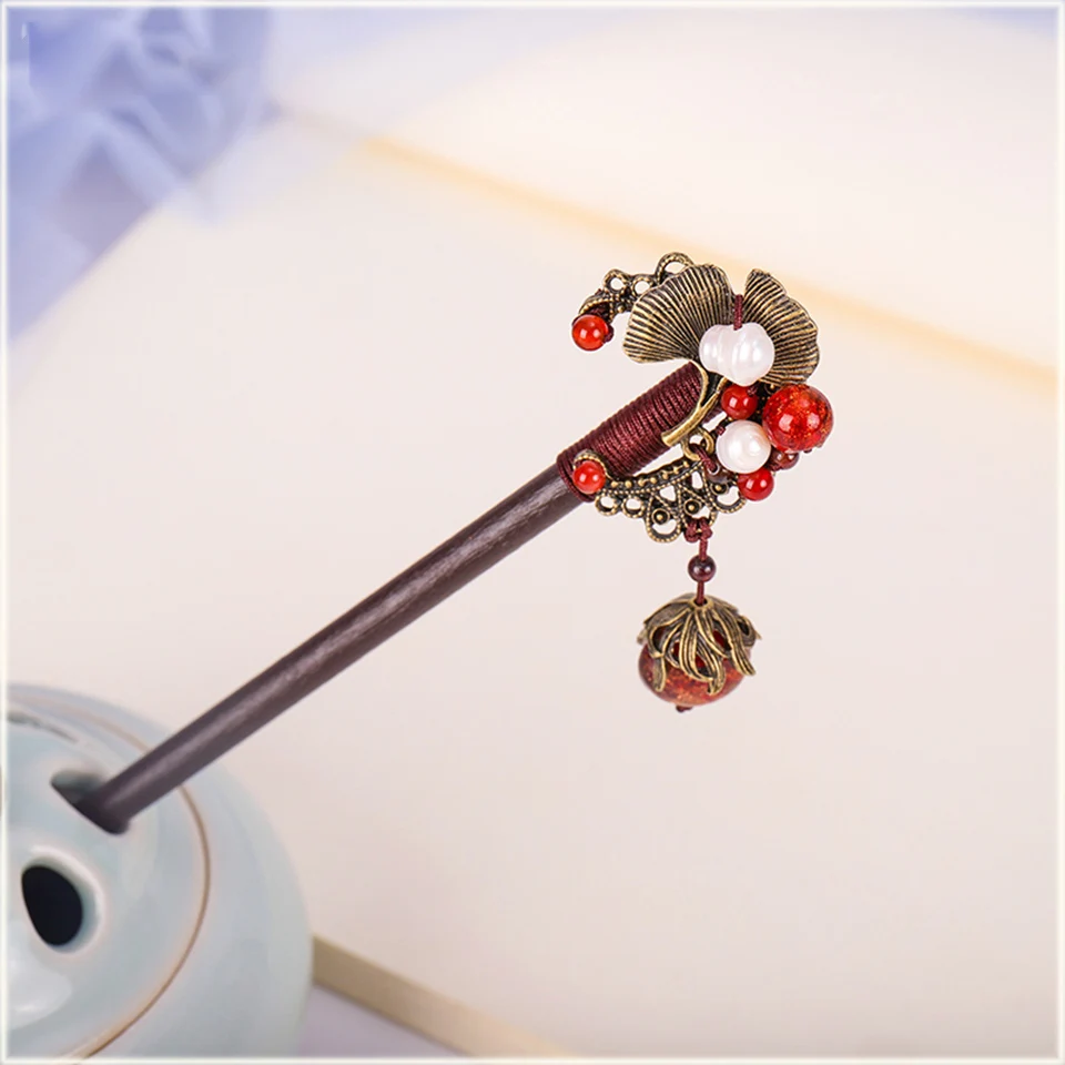 

Chinese Ethnic Shell Flower Hair Sticks Copper Flower Pieces With Wooden Hairpins for Women Female Head Decorations