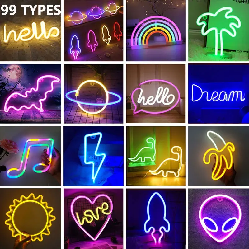 

99 Styles LED Neon Light Banana Hello Wall Art Sign Bedroom Decor Rainbow Hanging Night Lamp Home Party Holiday Decor Xmas Gift
