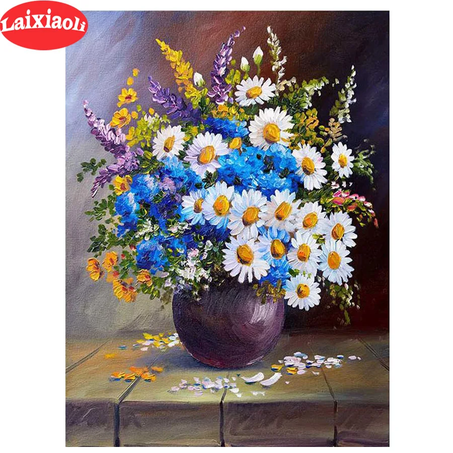 

Diamond Painting white and blue Flowers Rhinestone Mosaic Diamond Embroidery Daisy Cross Stitch Mosaic Diamond Home Decoration