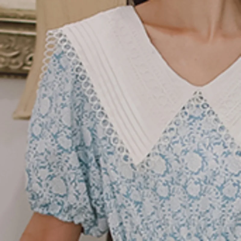

Women Summer Short Sleeve Blue Elegant Chiffon Dress Ladies Vintage Ruffle Print Peter Pan Collar Robe Sweet Beach Vestidos 2021