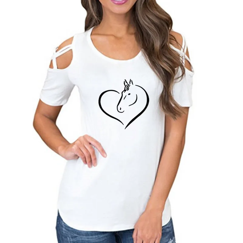 

New Arrival T-Shirt For Women Horse Love Printing Bandage Off Shoulder Tops T Shirt Large Size Tees Cute Girl Summer T-shirt