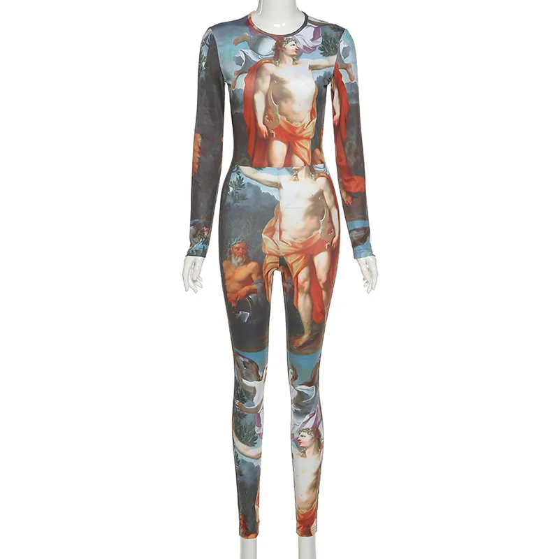 

2021 Fashion New Style Women's Long Sleeve Skinny Jumpsuit Oil Painting Printing Long Rompers Pants Autumn Clothes