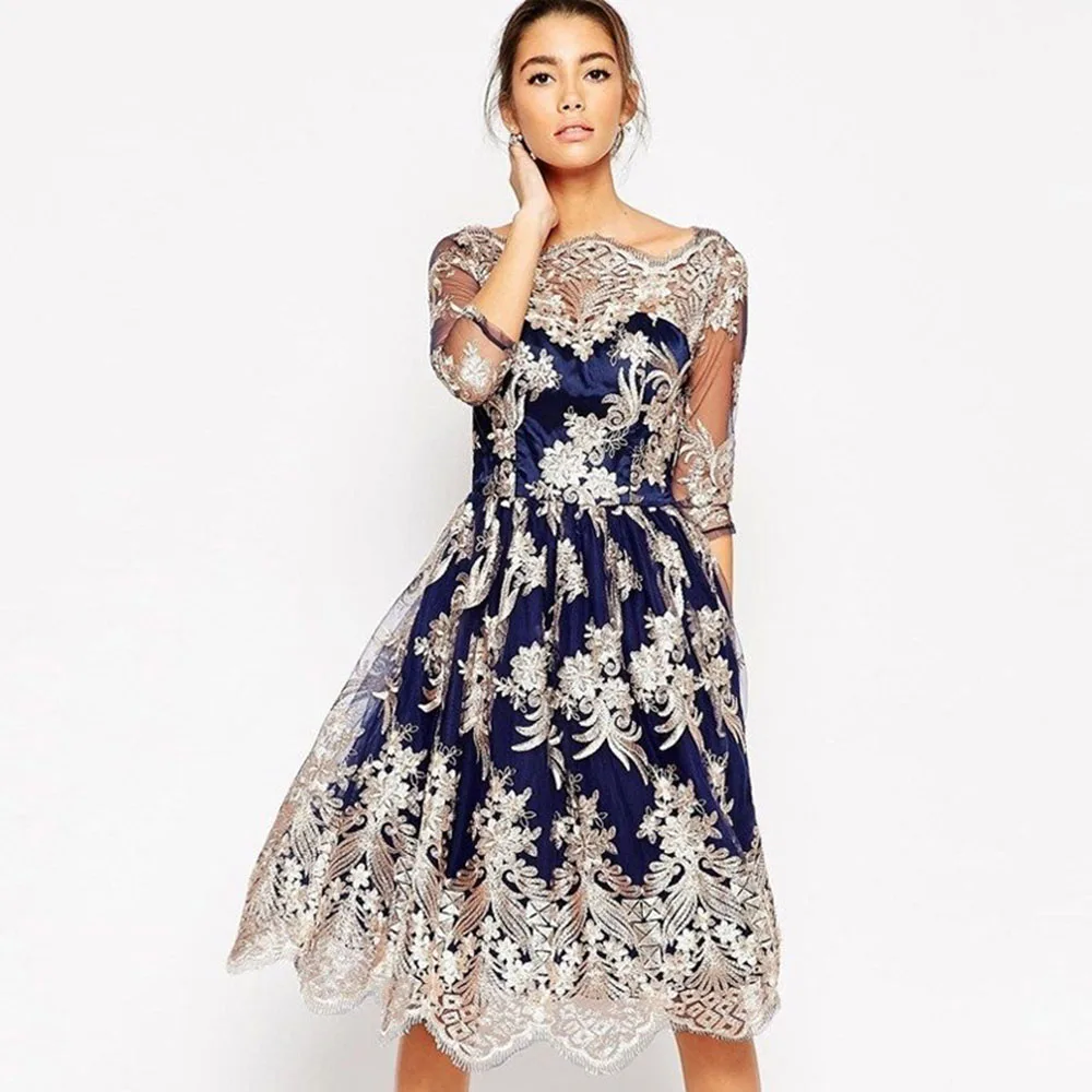Женское вечернее платье с вышивкой в стиле ретро темно синее Элегантное