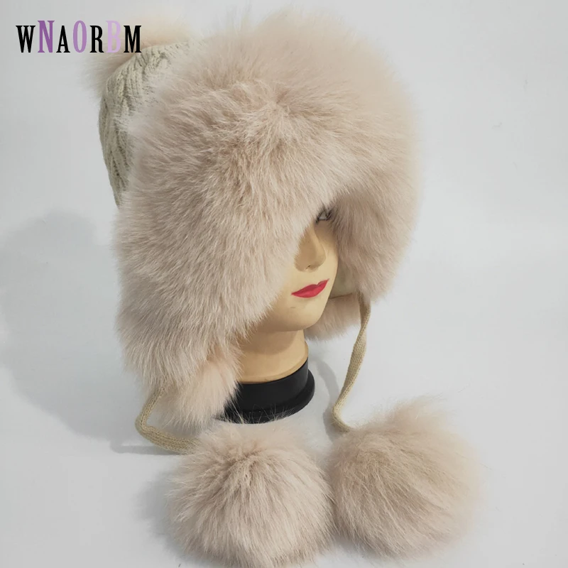 Real Fox Fur Bomber Hat Ear cap Winter Warm Wool Cap Earmuffs Handmade Soft Comfortable Multicolor options Outdoor warm hat